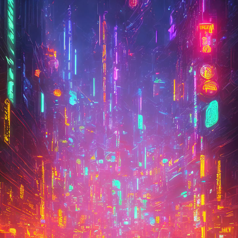 Vibrant neon-lit cityscape with towering buildings at night