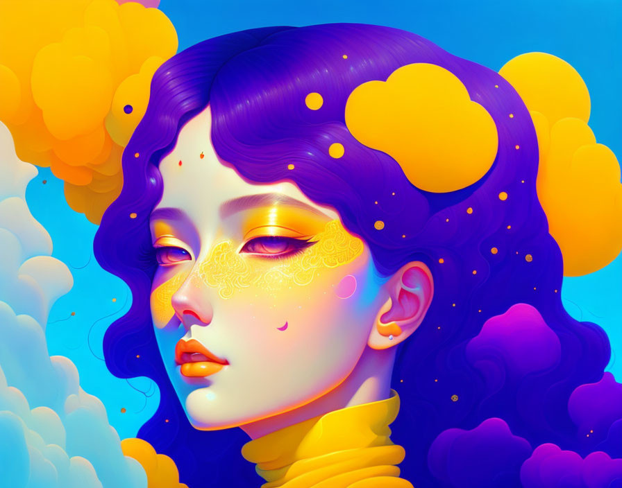 Colorful artwork featuring woman with purple hair and golden facial details on whimsical cloud backdrop.