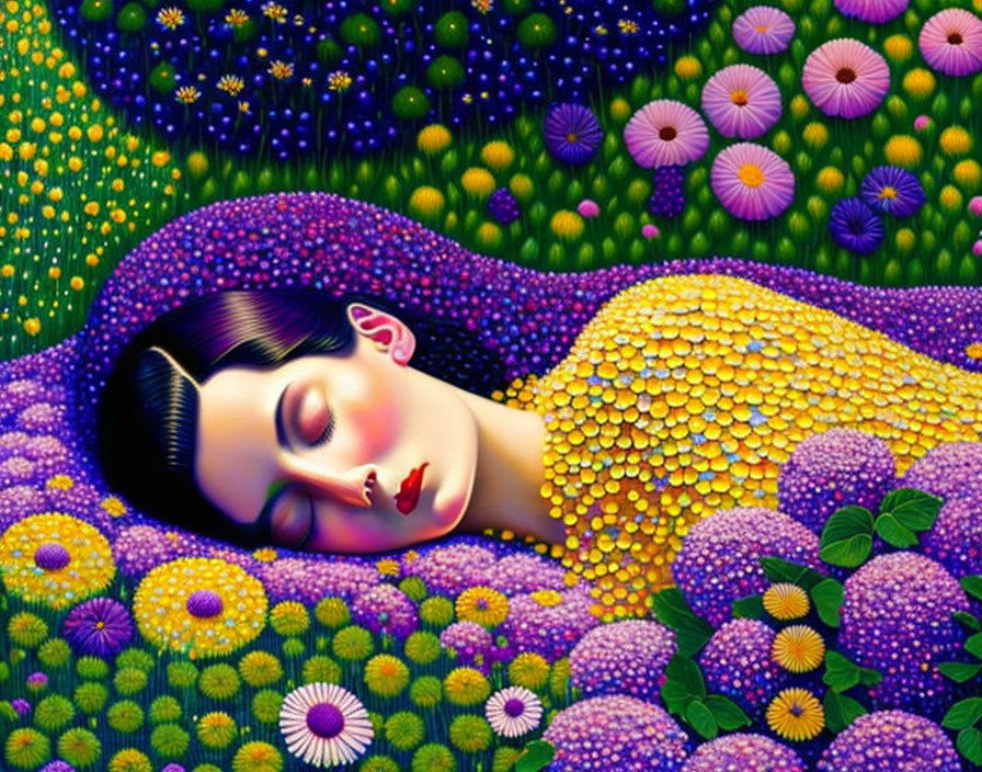 Vibrant painting of woman among stylized flowers under starry sky