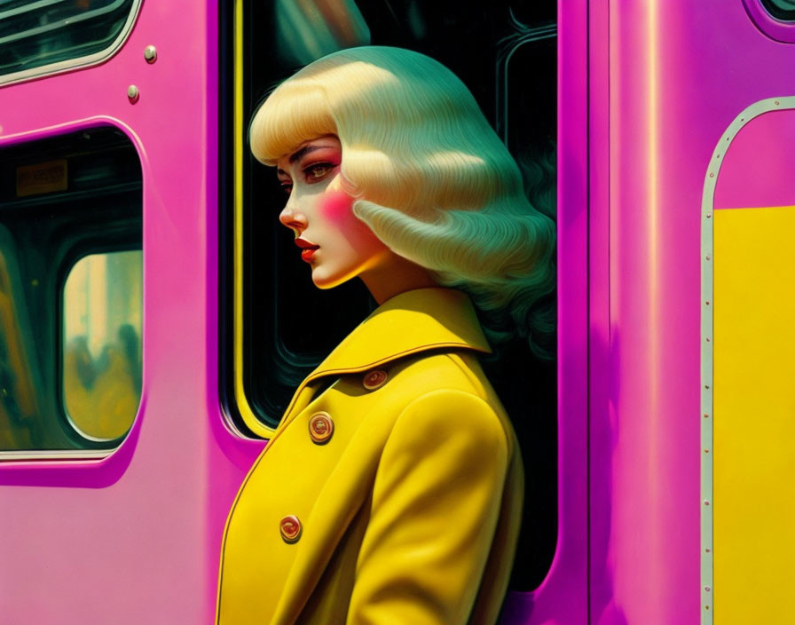 Blond bob woman in yellow coat on vibrant train-themed background