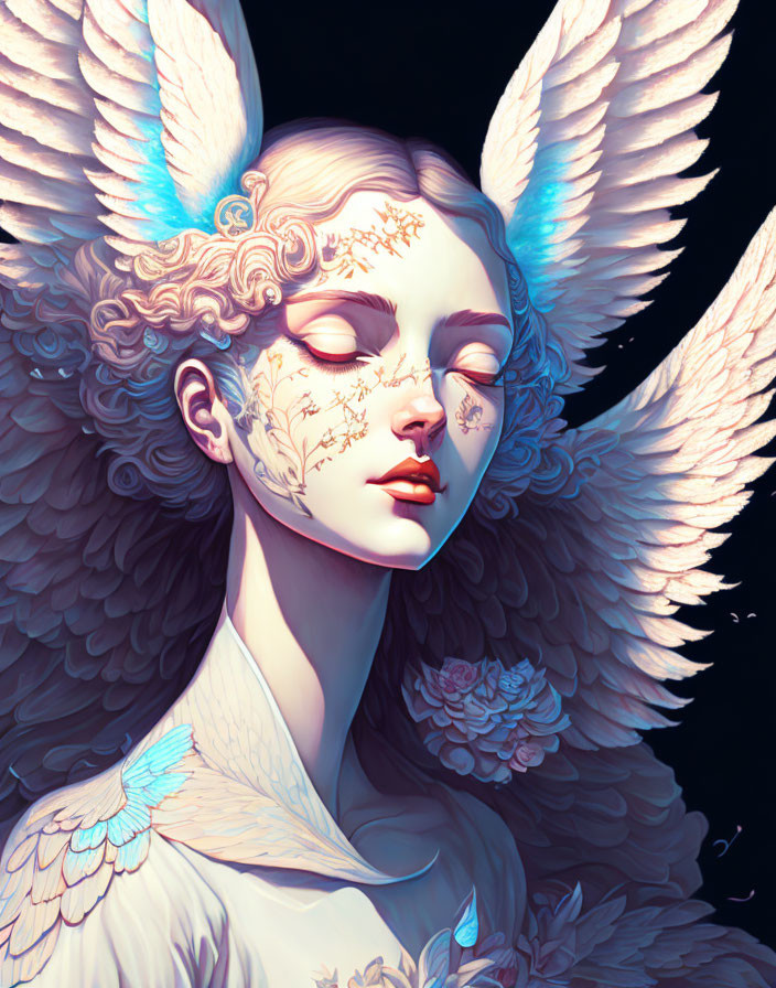 Serene angelic figure with closed eyes and ornate feathers on dark backdrop