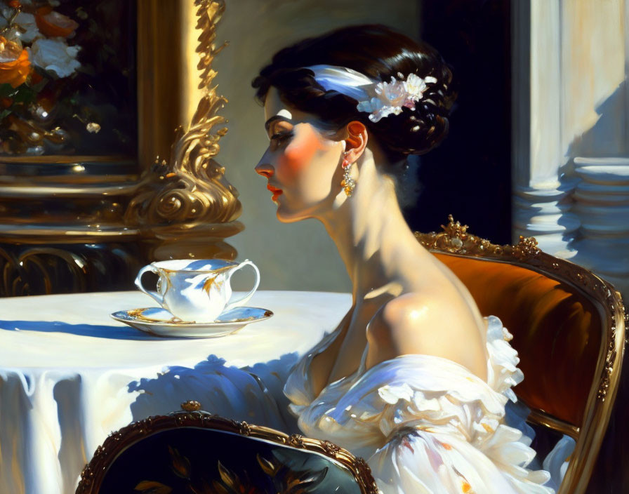 Woman in white dress with flower in hair sitting at table with teacup in contemplative moment under