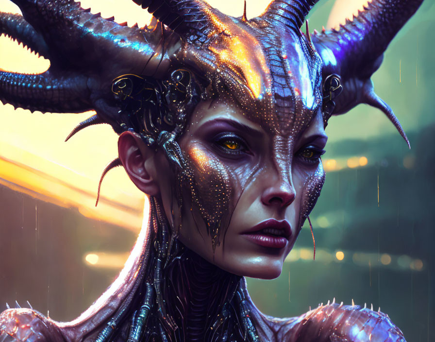 Fantastical creature with humanoid features and metallic skin against blurred background