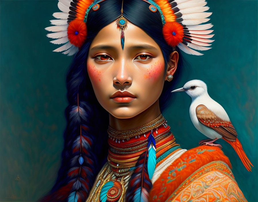 Digital artwork featuring woman in indigenous attire with feathered headdress and white bird