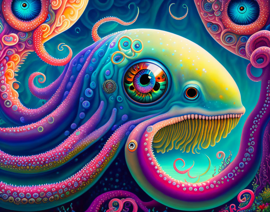 Colorful Surreal Creature Artwork with Tentacles and Detailed Eye