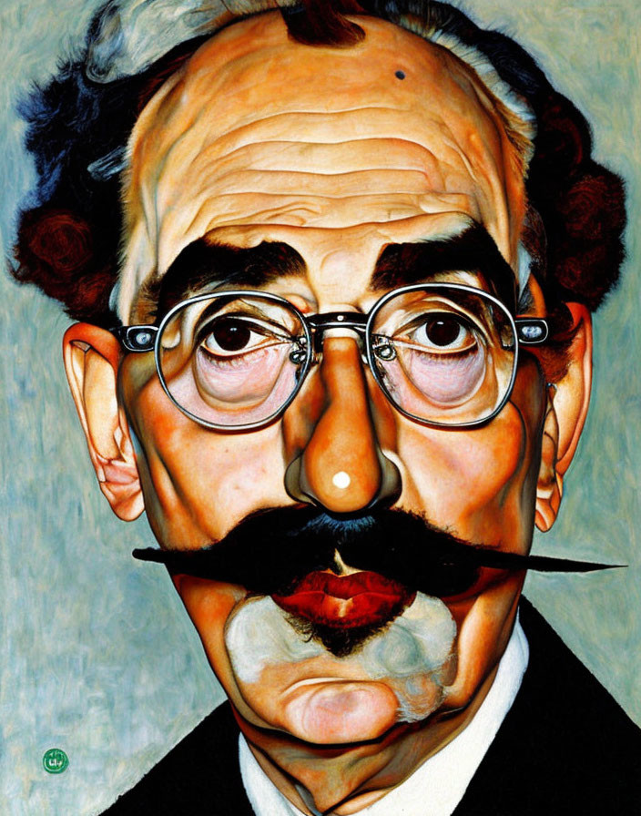 Colorful caricature of a man with white hair, bushy mustache, and round glasses