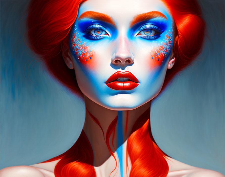 Colorful portrait of a woman with red hair, blue eye makeup, and glitter cheeks