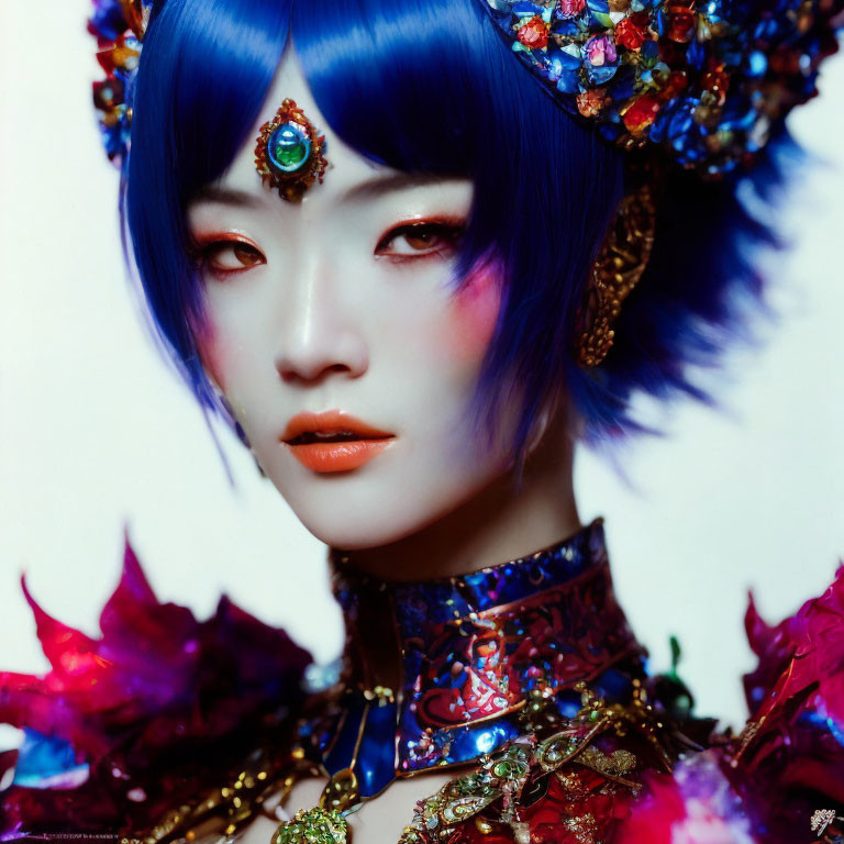 Blue-haired person in ornate red and blue garments with dramatic makeup