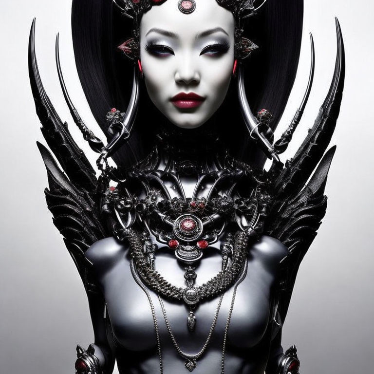 Dark fantasy woman with elaborate costume, armor, horns, and makeup