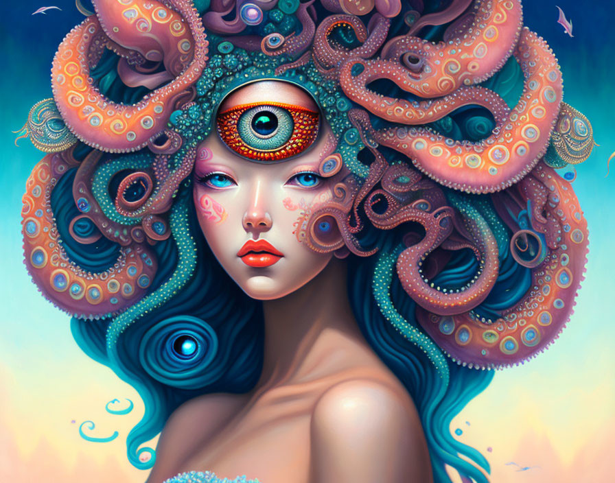 Colorful octopus tentacle headdress on woman with central eye