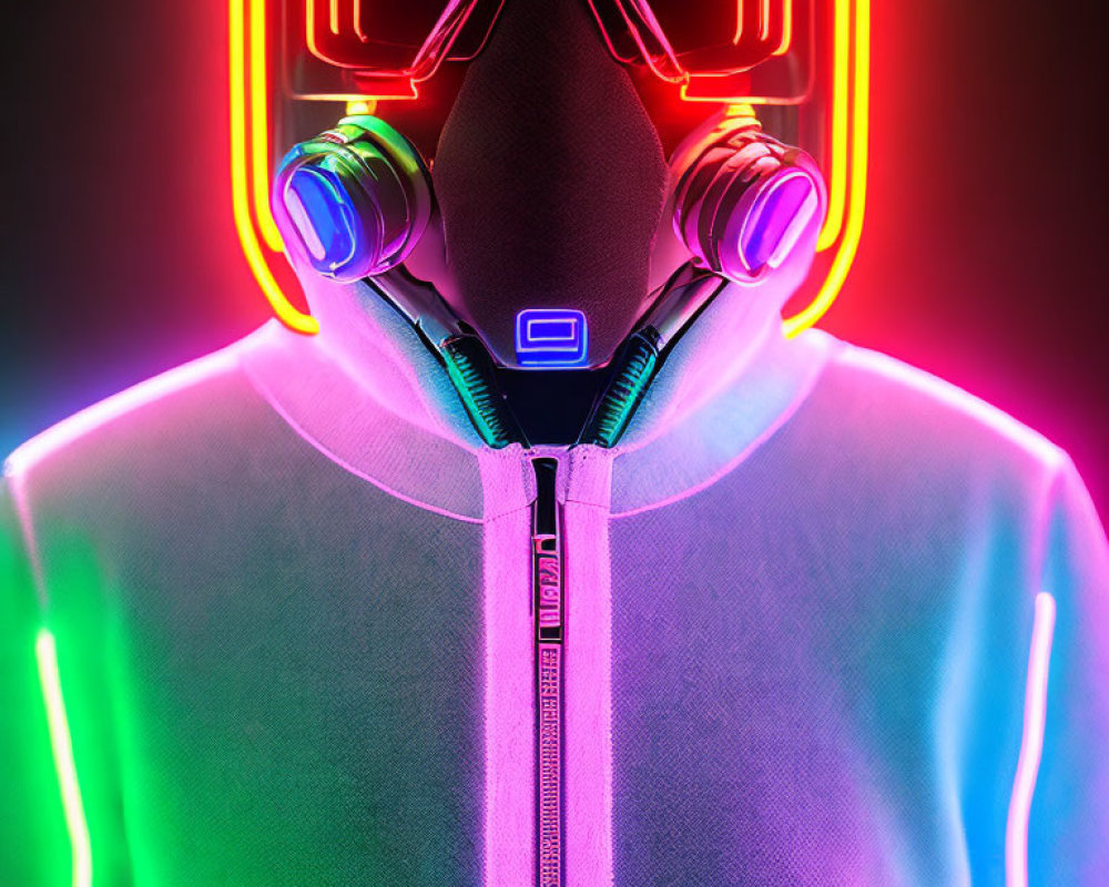 Futuristic helmet and neon lights on person with headphones