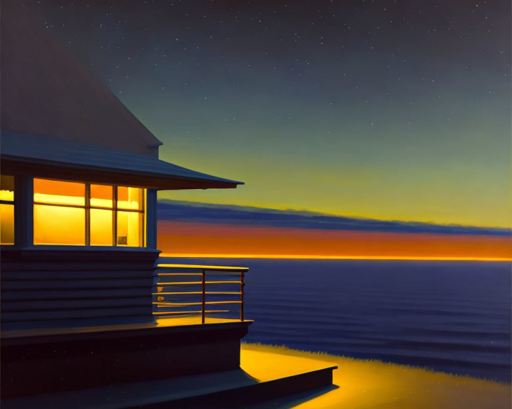 House at Dusk Overlooking Sea with Starry Sky