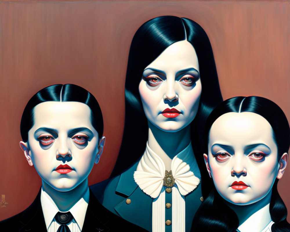 Stylized portraits with eerie expressions, pale skin, dark hair, and unique dark attire against orange