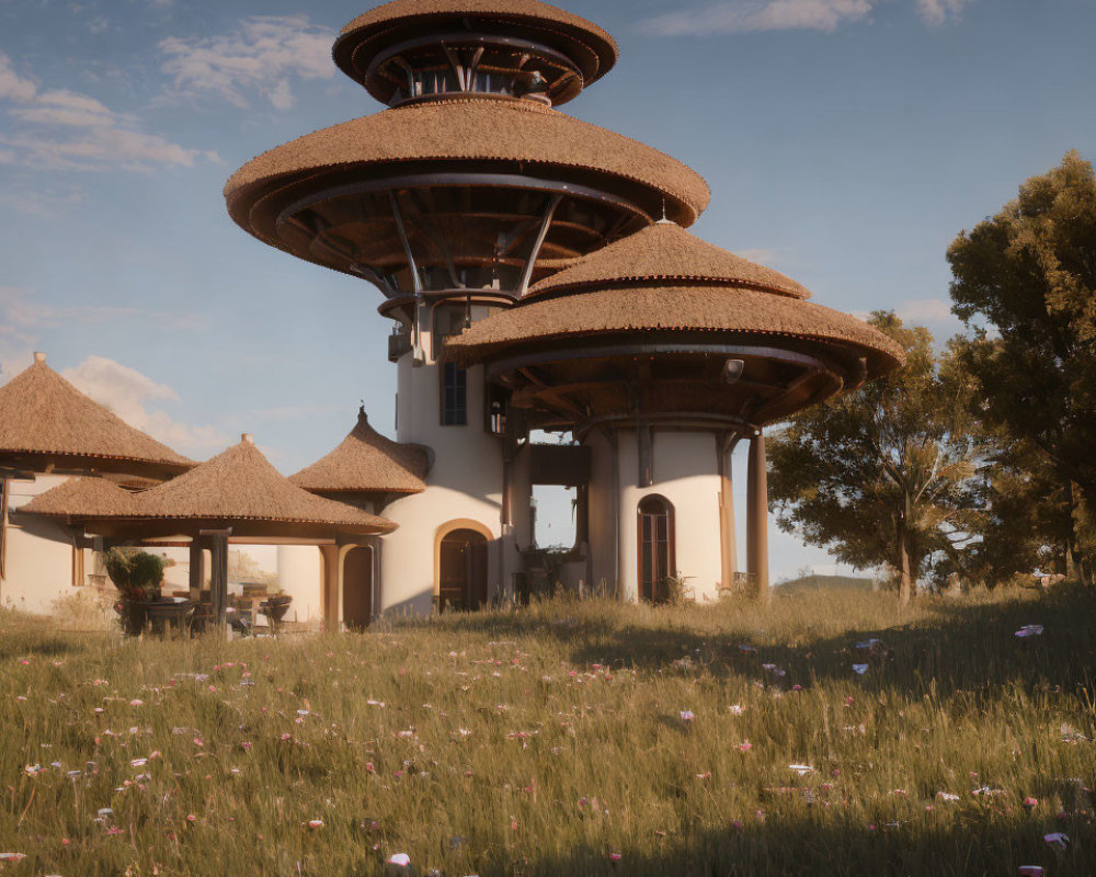 Pagoda-style Building with Thatched Roofs in Flower Field