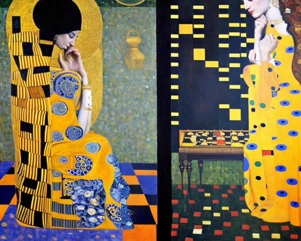 Juxtaposition of Gustav Klimt's style with modern woman in two panels