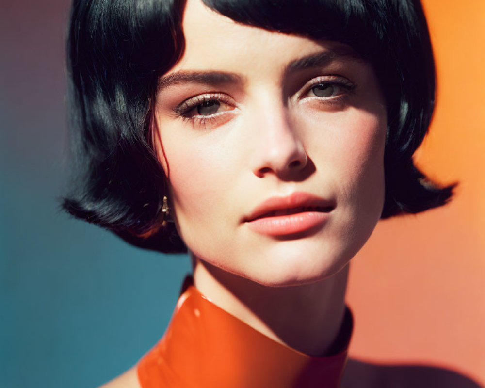 Dark Bob-Haired Woman in Orange High-Neck Attire on Blue and Orange Background