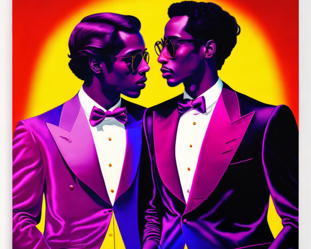 Stylized men in suits with bow ties on vibrant background