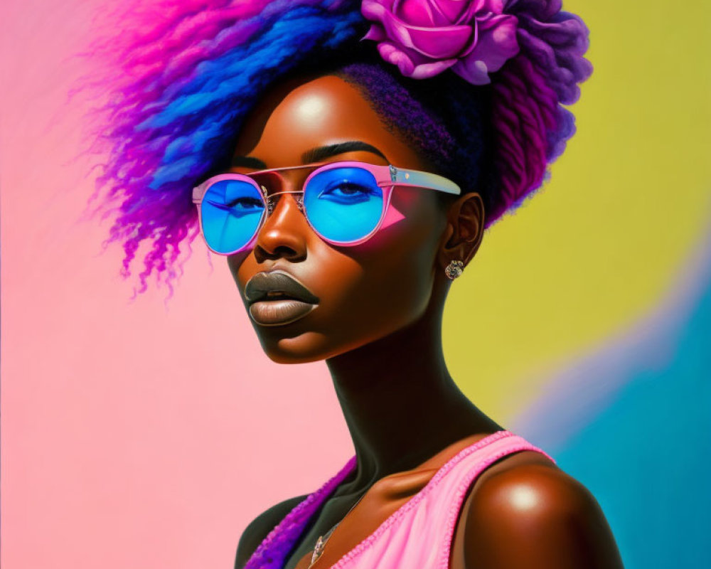 Vibrant blue and purple hair woman in sunglasses and pink top with rose in hair on pastel