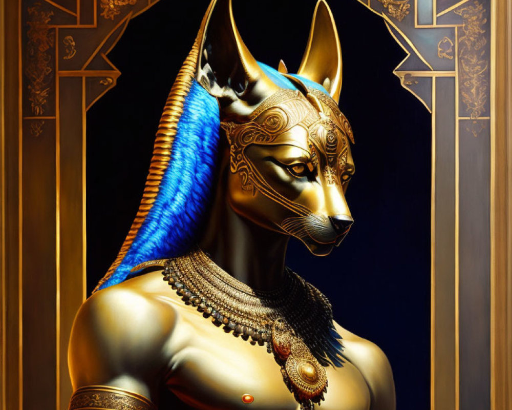 Golden Egyptian god statue with jackal head and blue-gold adornments