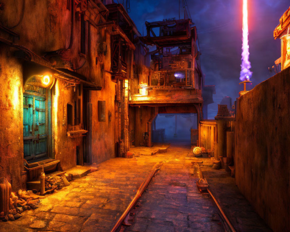 Dimly Lit Alley with Rails, Old Buildings, and Vibrant Light Beam