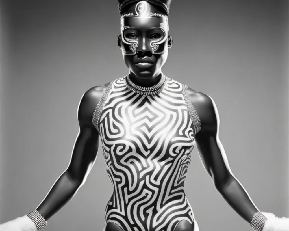 Intricately Painted Body Art on Person with Accessories against Gray Background