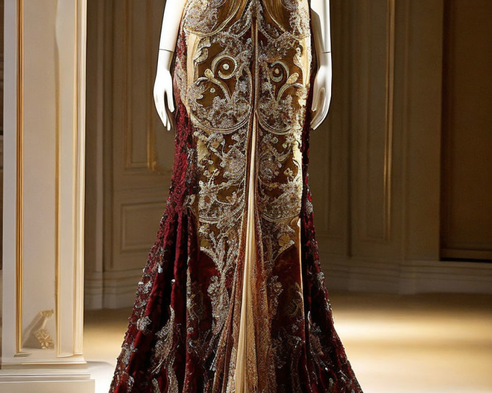 Floor-length gown with gold embroidery and maroon accents on mannequin in luxurious setting