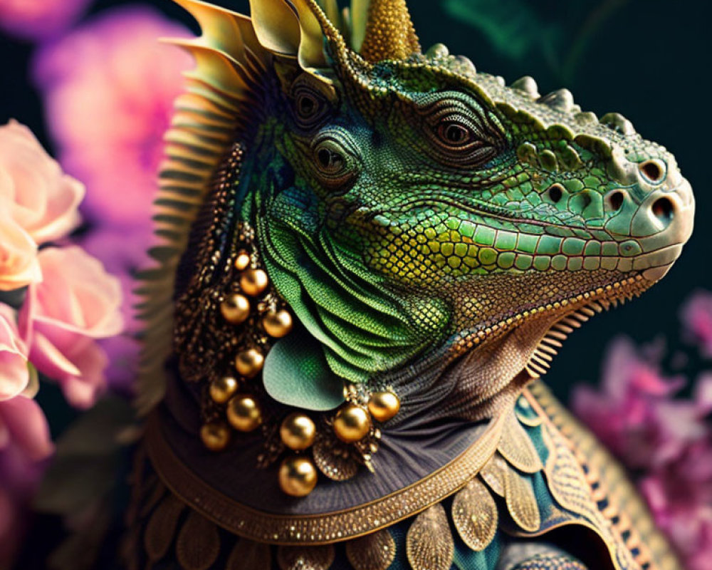 Vibrant green dragon illustration with gold jewelry among pink flowers