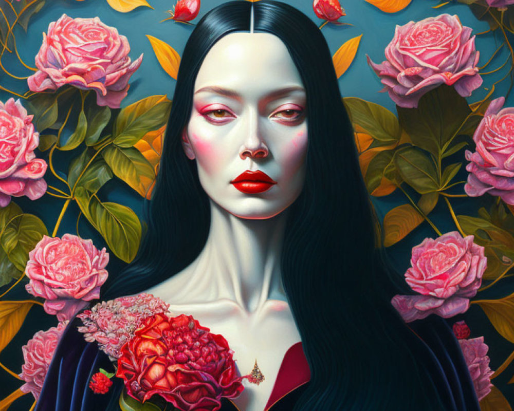 Surreal portrait of woman with dark hair and red lips surrounded by vibrant roses and a small bird