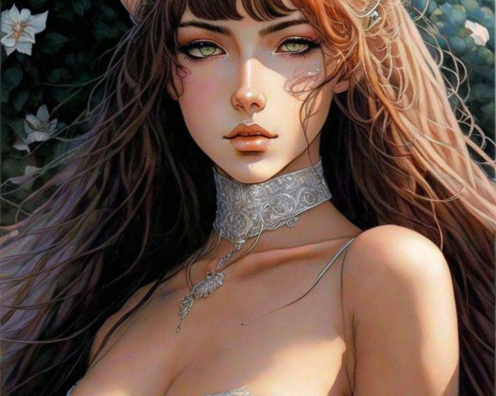 Fantasy illustration of female figure with horns, green eyes, long brown hair, lace choker necklace