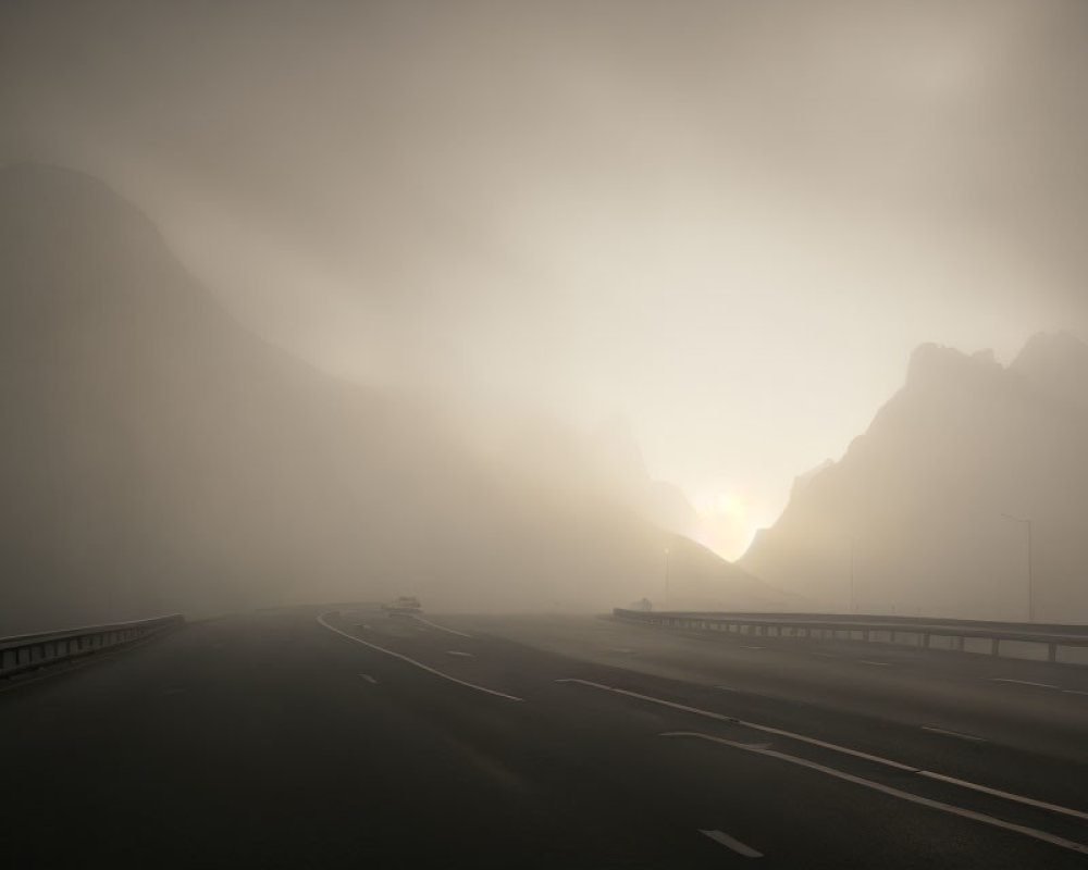 Foggy road with vehicles, mountain silhouettes, and subdued sunrise