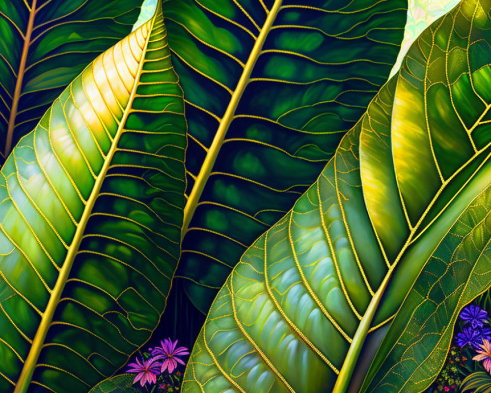 Detailed image of vibrant green leaves with purple flowers - Nature's beauty captured.