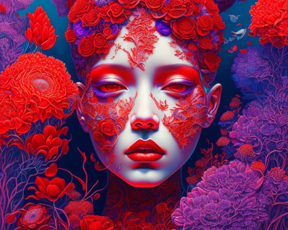 Intricate floral patterns on figure's face among lush flowers