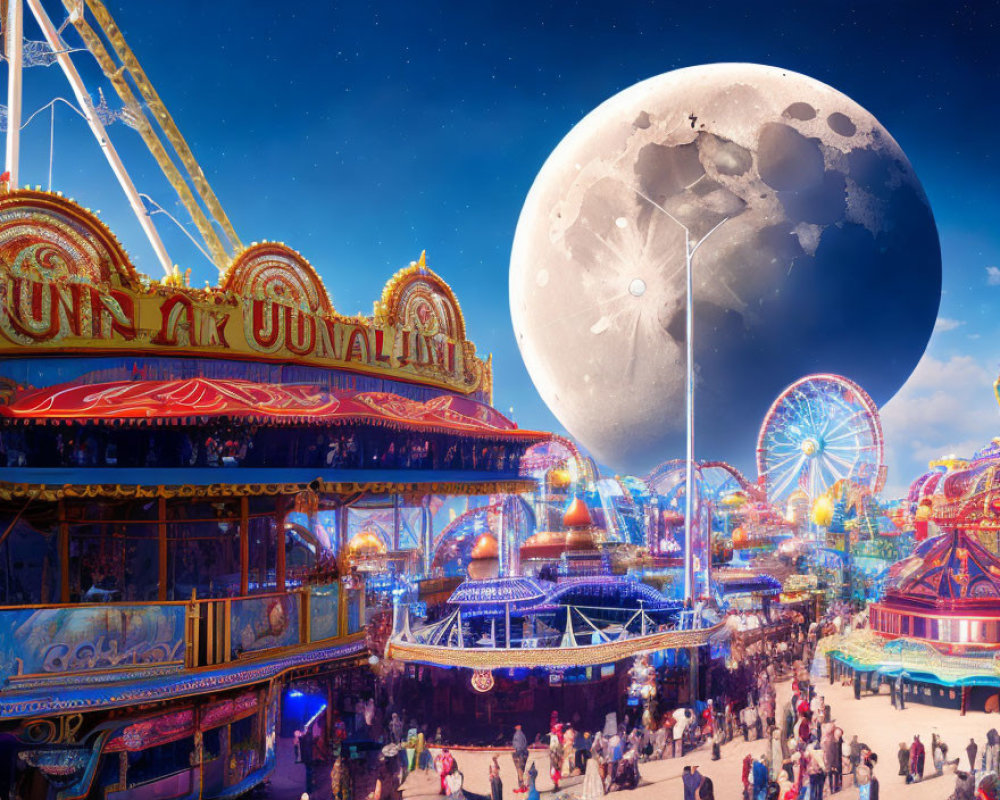 Amusement park at dusk with illuminated rides and Ferris wheel