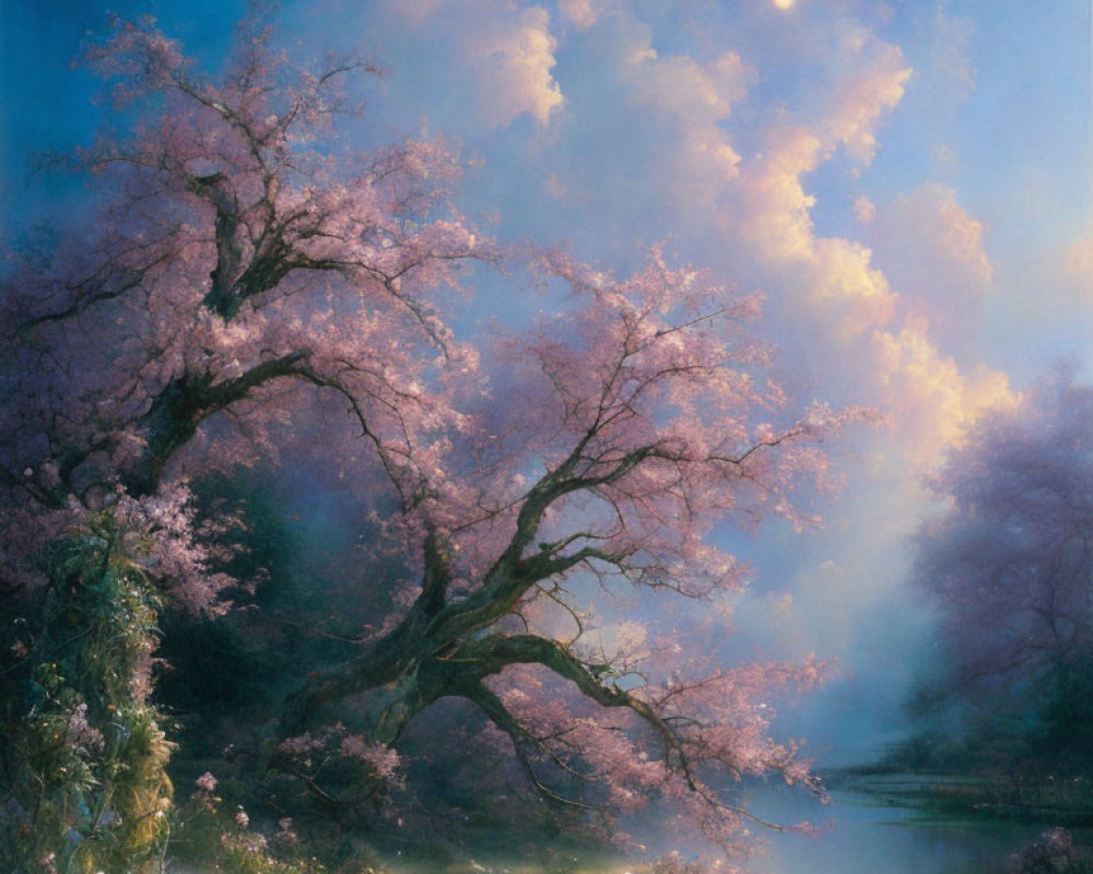 Tranquil cherry blossom painting under pastel sky