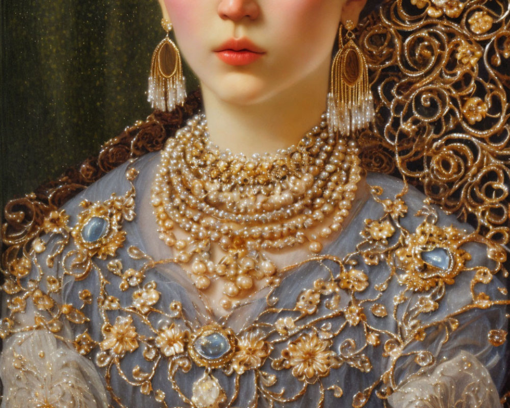 Portrait of Woman with Gold & Pearl Jewelry and Ornate Attire