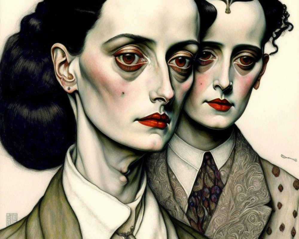 Surreal portrait featuring two figures with red eyes and vintage attire