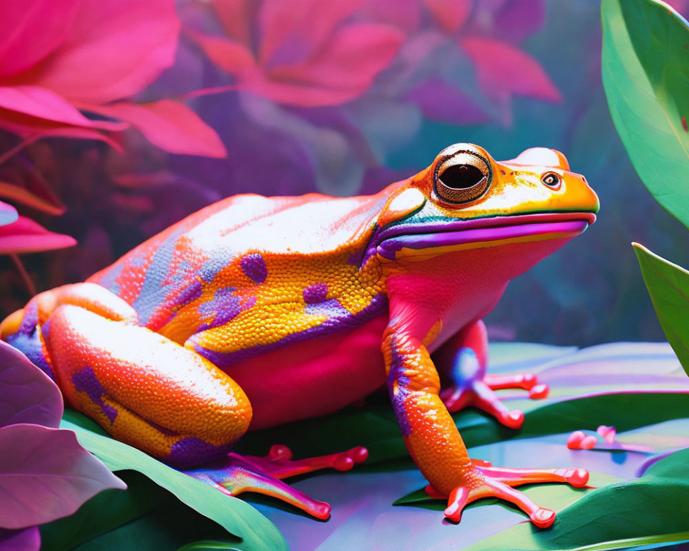 Colorful Frog Resting in Lush Greenery with Purple Background