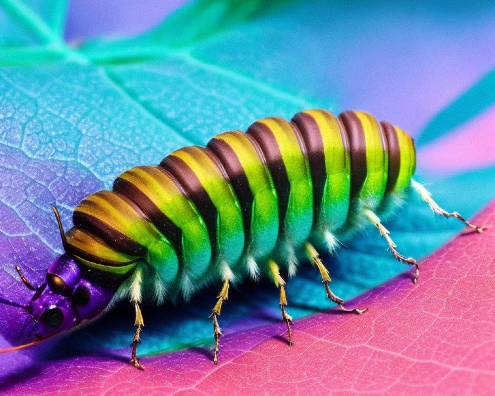 Colorful Caterpillar Crawling on Leaf with Pink and Blue Background