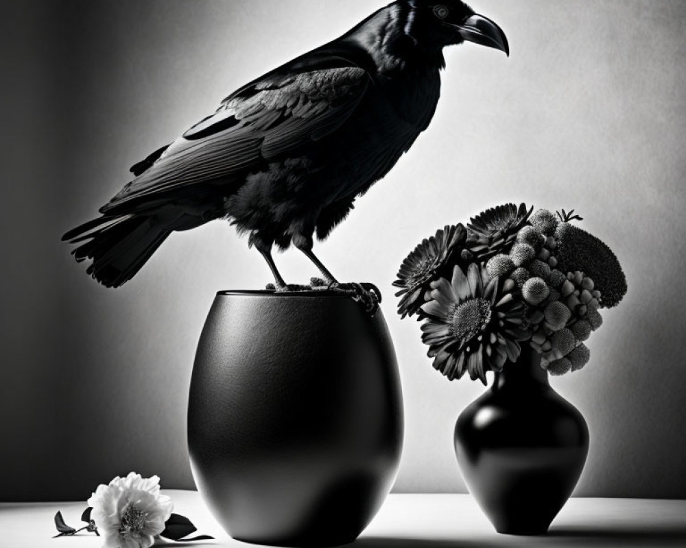 Black raven on vase with flowers on table against gray backdrop