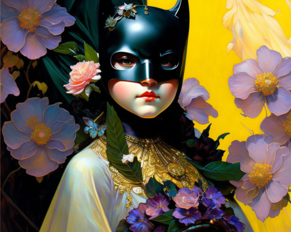 Stylized portrait of person in Batgirl mask with flower, white & gold outfit on vibrant yellow