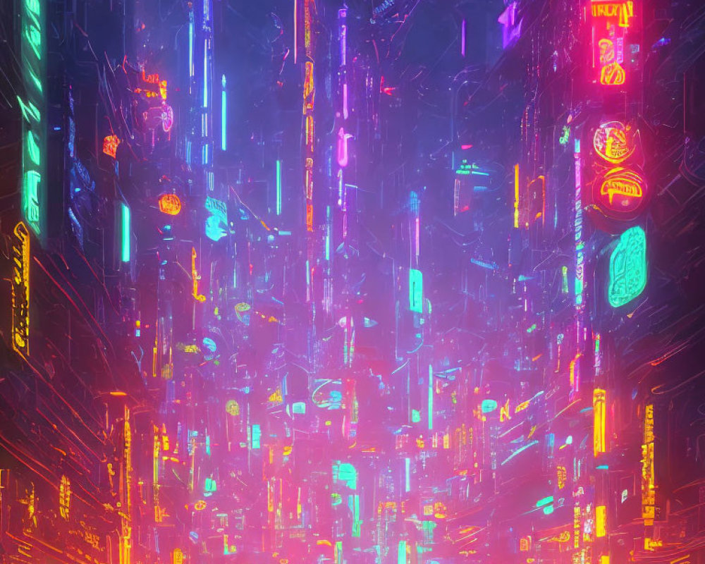 Vibrant neon-lit cityscape with towering buildings at night