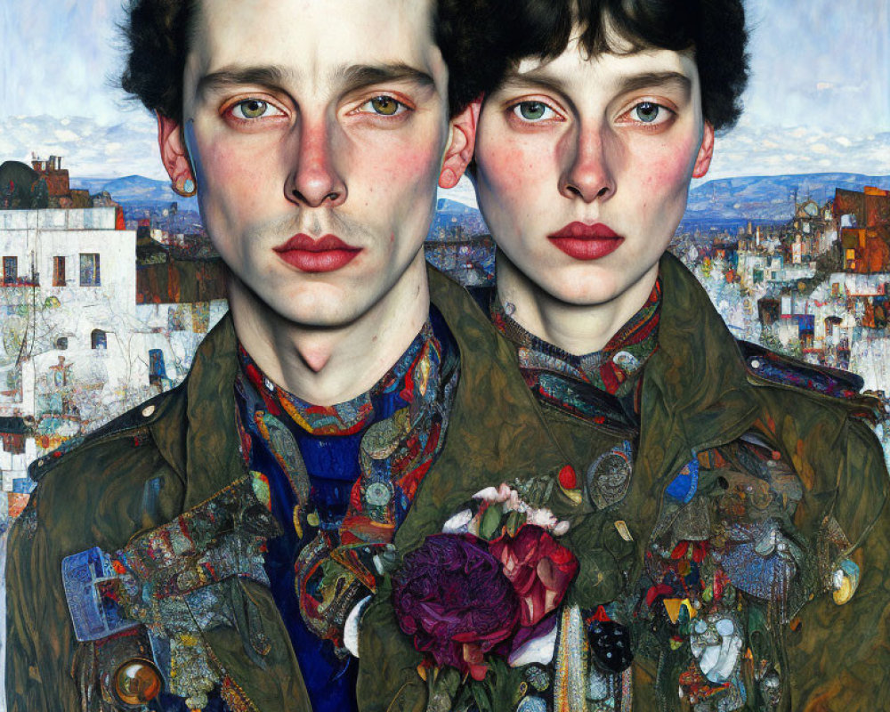 Hyperrealistic Painting of Two Individuals in Military Jackets with Cityscape Background