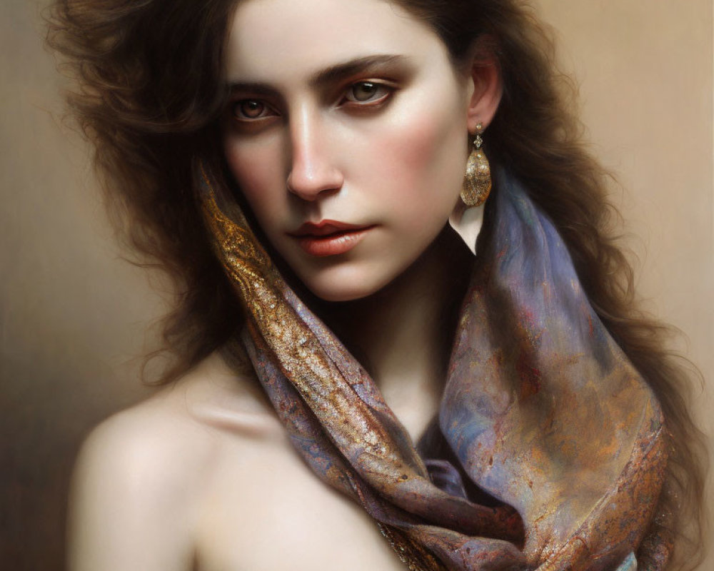 Portrait of Woman with Wavy Hair in Golden Dress and Scarf, Intense Gaze and Single