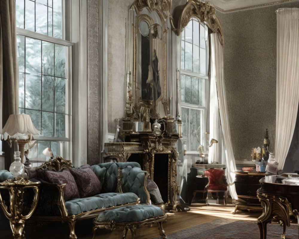 Vintage Room with Ornate Furniture, Fireplace, and Large Windows