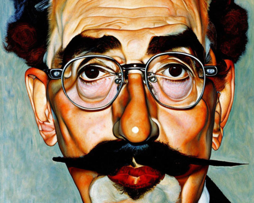 Colorful caricature of a man with white hair, bushy mustache, and round glasses