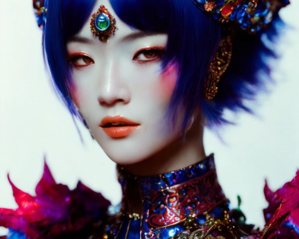 Blue-haired person in ornate red and blue garments with dramatic makeup