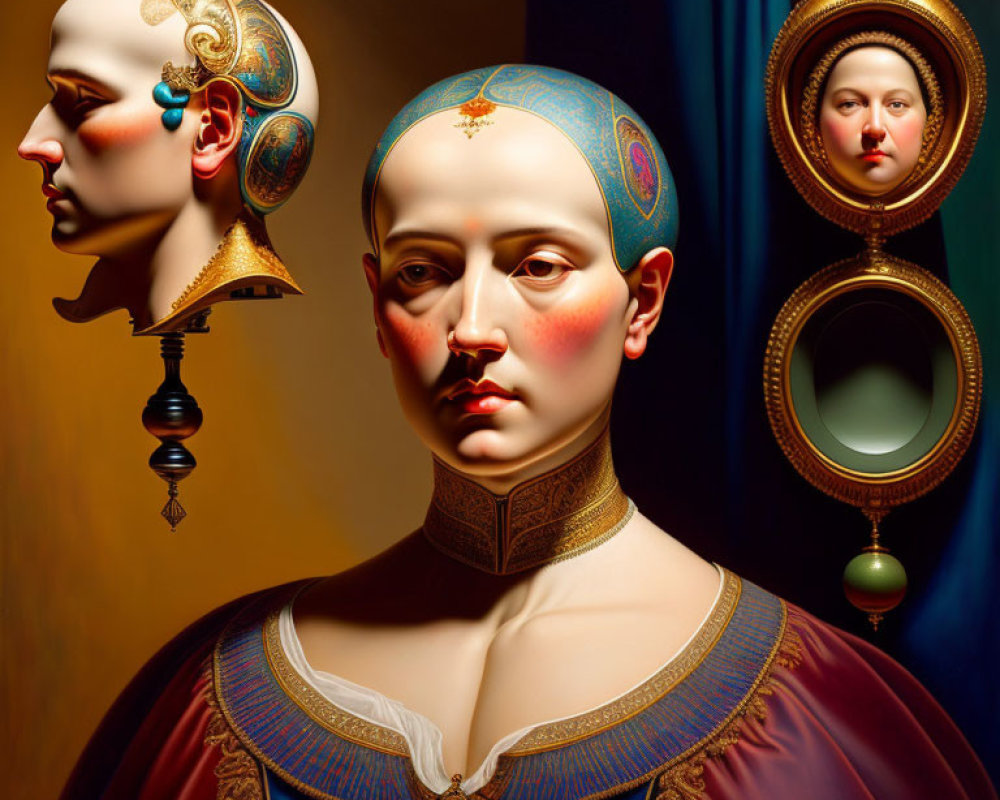 Surreal portrait with open mechanical head and vivid colors