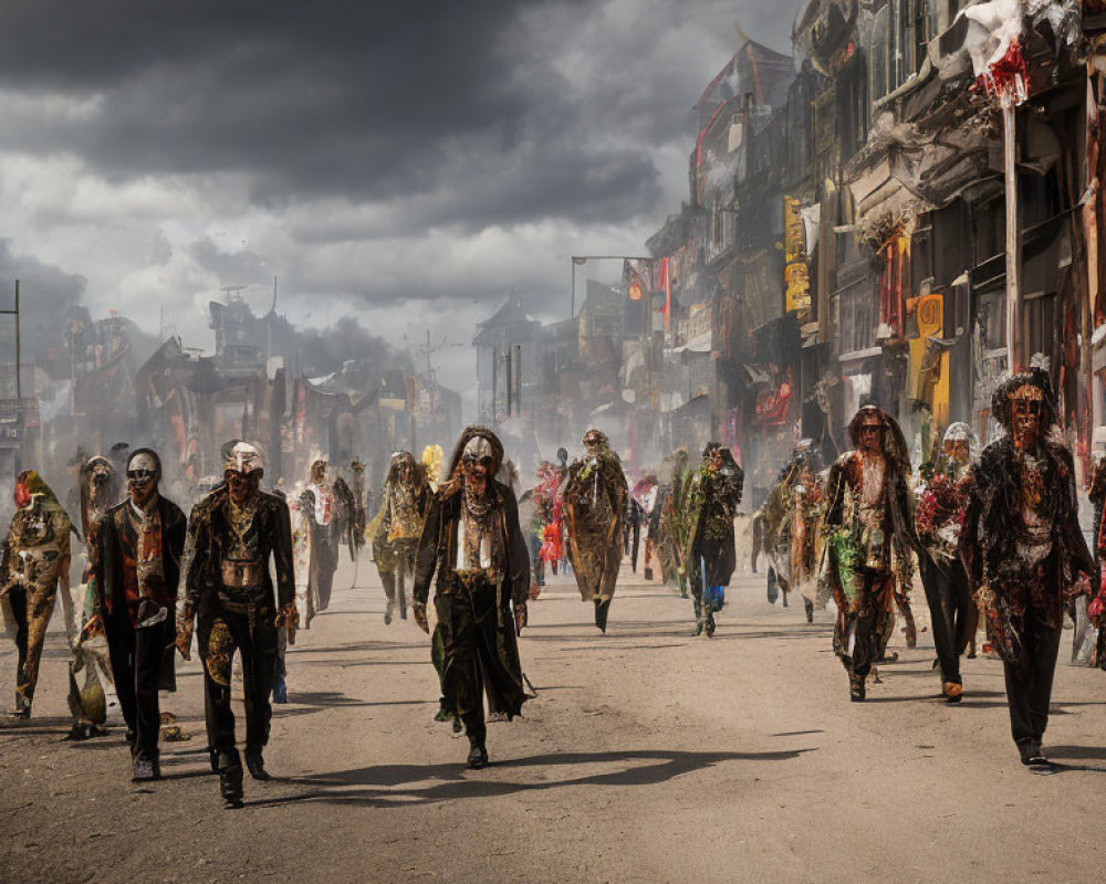 Elaborate Zombie Costumes Parade in Post-Apocalyptic Street