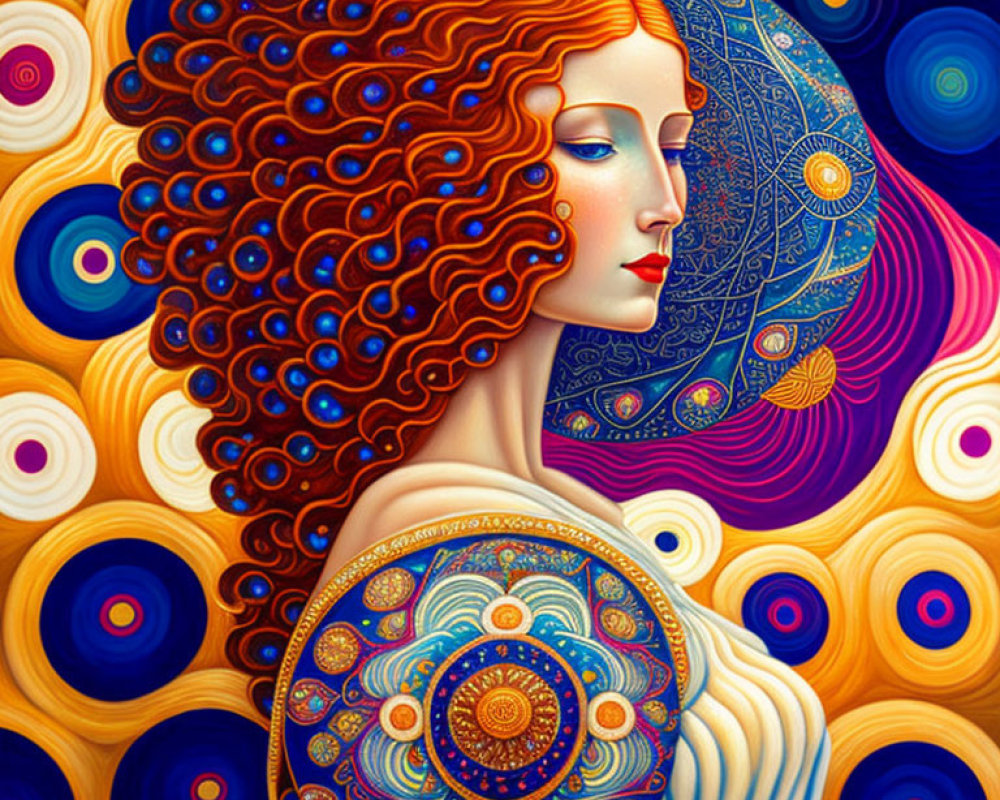 Colorful Painting of Woman with Red Curly Hair Holding Ornate Disc