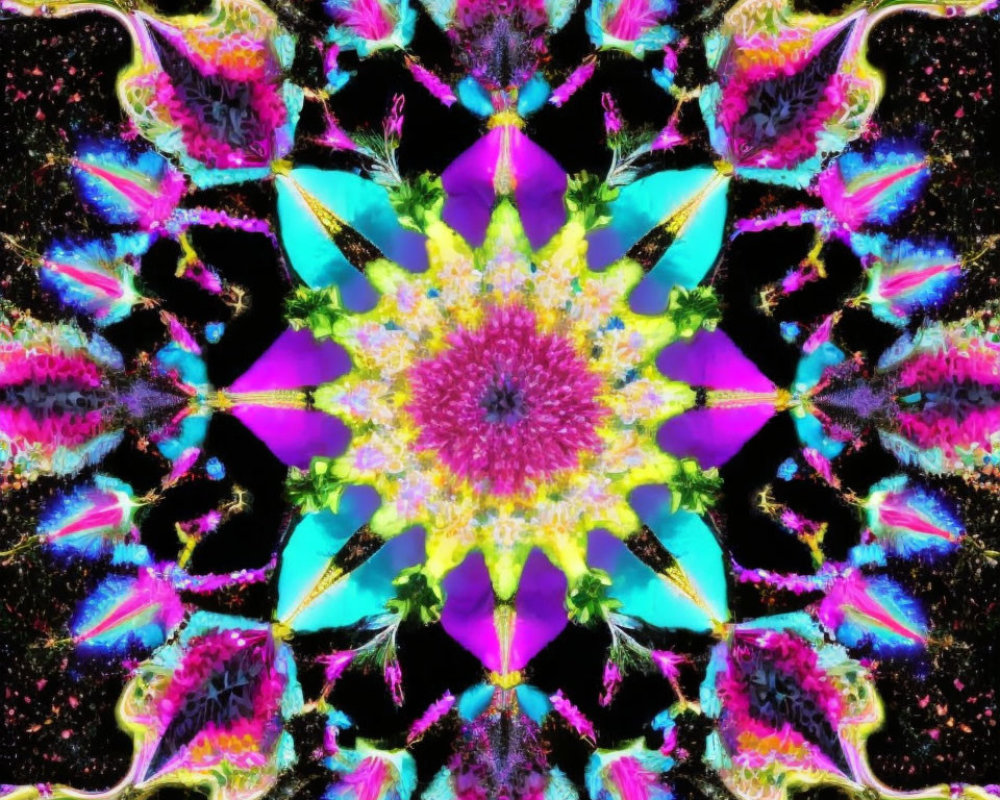 Colorful Symmetrical Kaleidoscope Pattern in Pink, Blue, and Green on Black